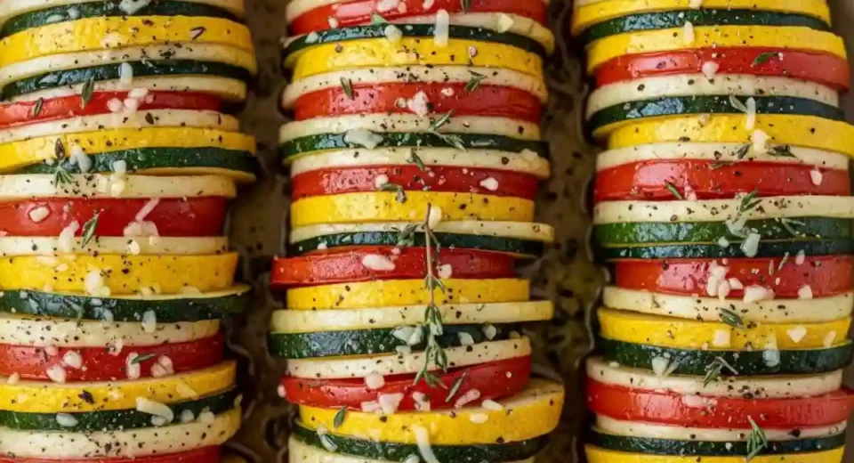 Summer Vegetable Tian with Squash, Tomato, and Potato is a layered baked side dish