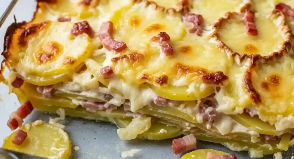 Baked potatoes bacon onions under melted Reblochon.