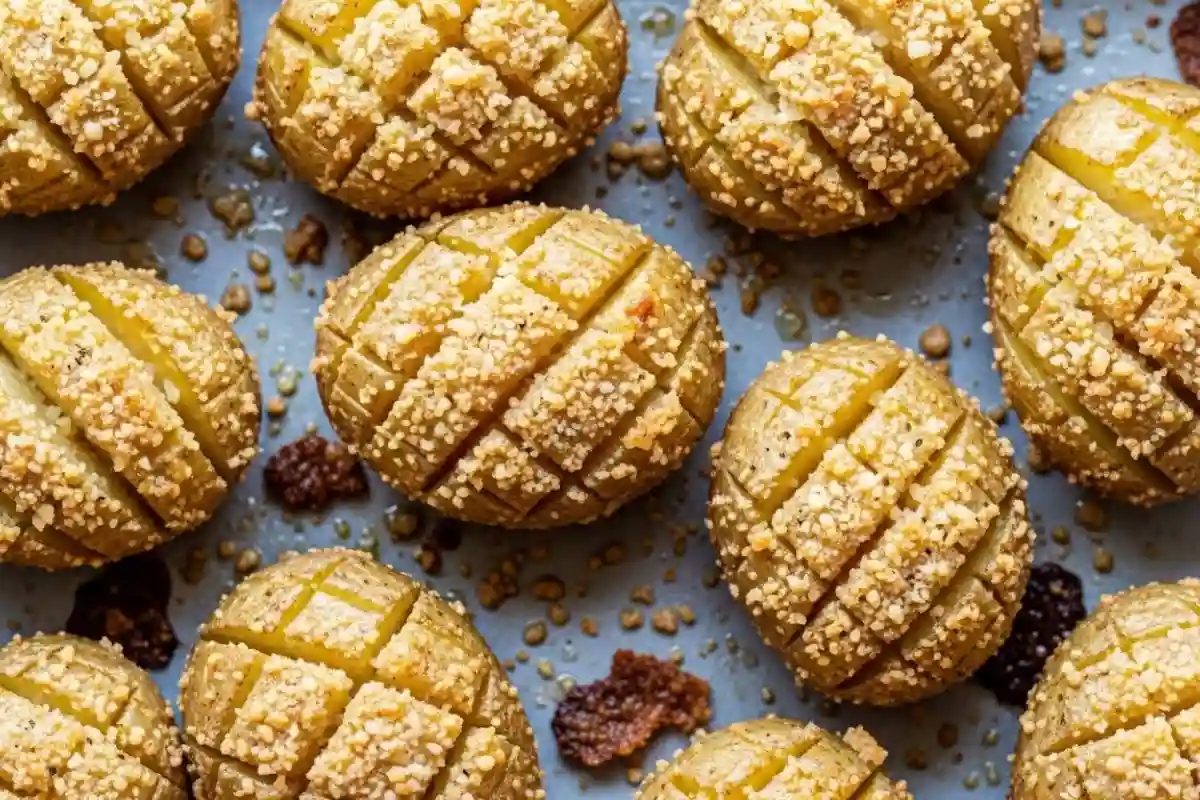 Crispy-bottomed baby potatoes roasted in garlicky parmesan butter.
