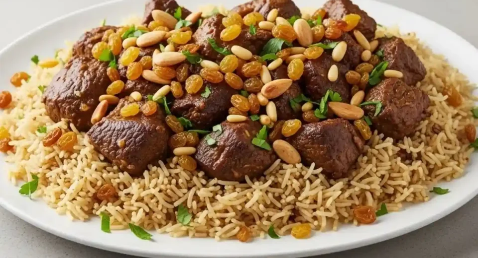 Quzi is a savory Iraqi feast dish made with tender lamb slow-cooked with spices, served over fragrant rice and garnished with nuts and raisins.