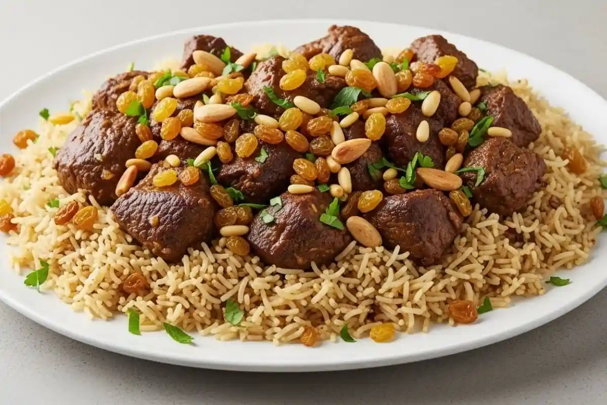 Quzi is a savory Iraqi feast dish made with tender lamb slow-cooked with spices, served over fragrant rice and garnished with nuts and raisins.