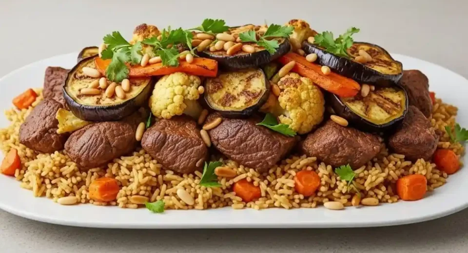 A flavorful Palestinian dish featuring tender lamb, seasoned rice, and fried vegetables like eggplant and cauliflower.