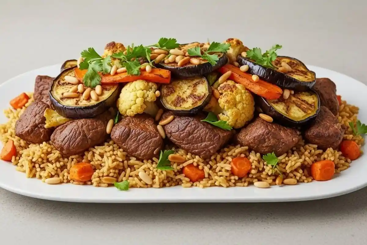 A flavorful Palestinian dish featuring tender lamb, seasoned rice, and fried vegetables like eggplant and cauliflower.