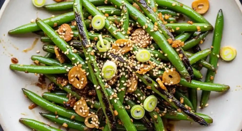 Blistered green beans in sticky hoisin glaze.