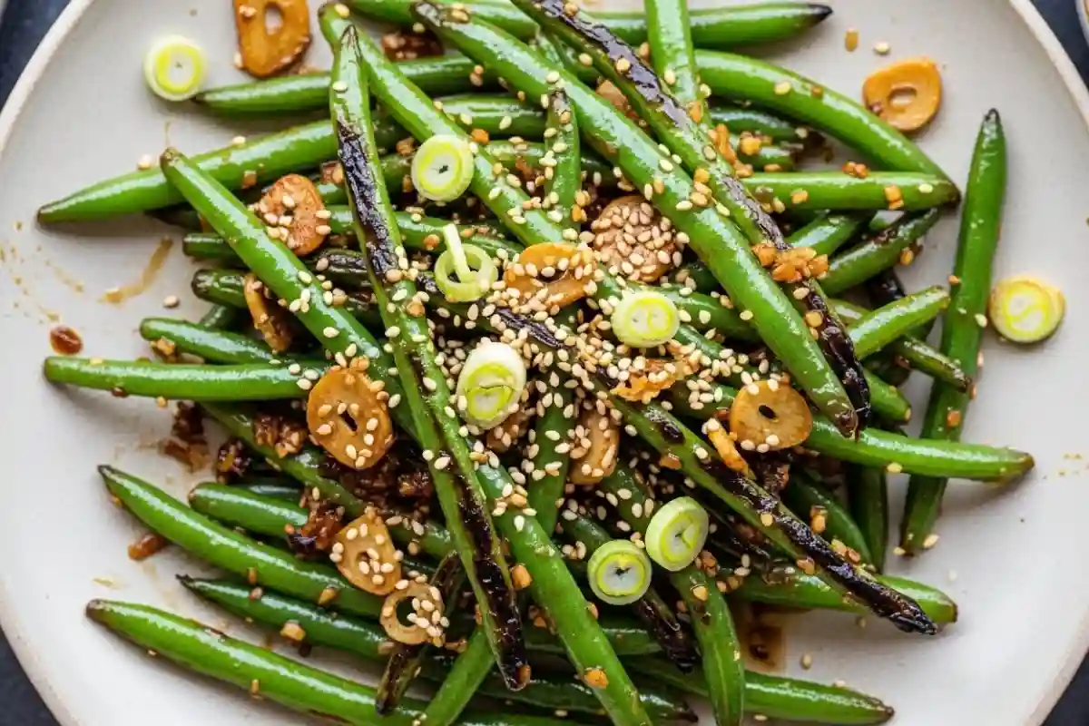 Blistered green beans in sticky hoisin glaze.
