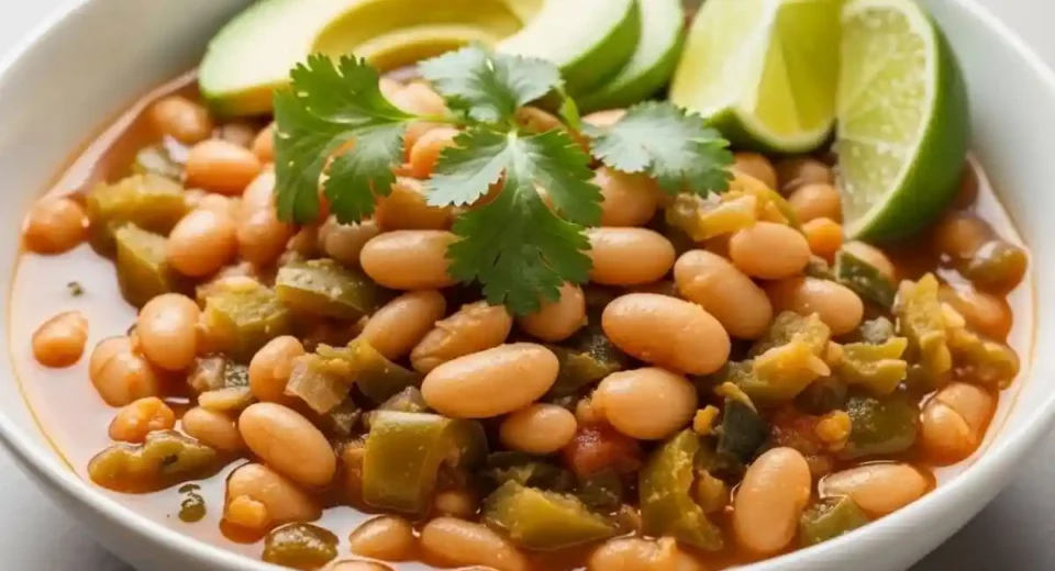 Hearty plant-based chili with creamy white beans, roasted green chiles, and savory broth seasoned with Southwest spices.