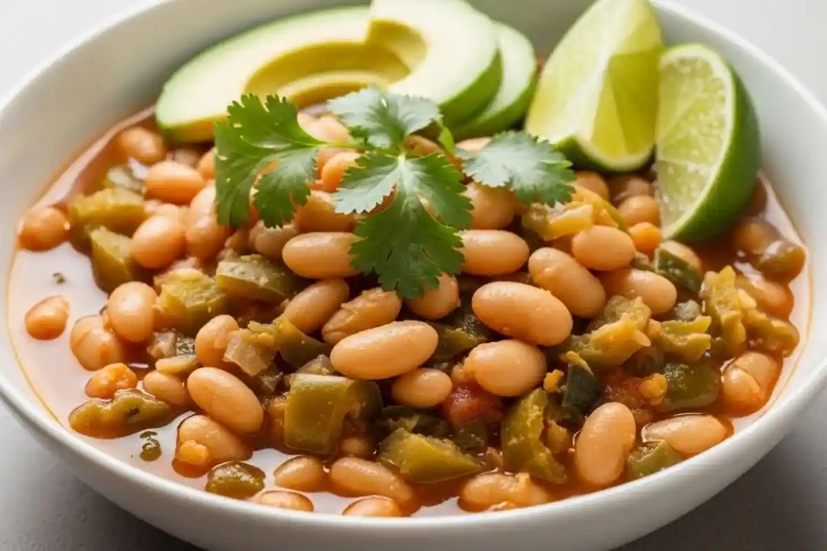 Hearty plant-based chili with creamy white beans, roasted green chiles, and savory broth seasoned with Southwest spices.